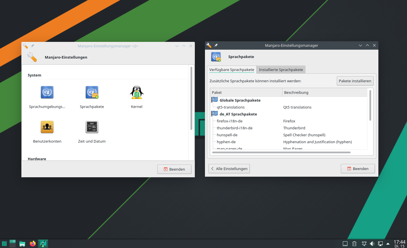 Manjaro Einstellungen - Sprachpakete